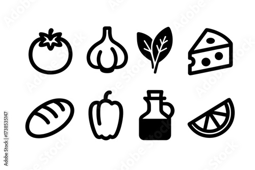 Dinner Ingredients Icons. Solid, filled icon set of dinner ingredients: tomato, garlic, herbs, cheese, bread loaf, pepper, olive oil bottle, lemon wedge. Line