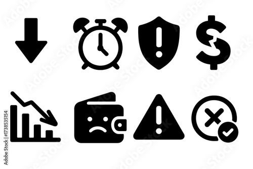 Credit Score Icons. Solid, filled icon set of credit score decrease: downward arrow, alarm clock, warning shield, broken dollar sign, failing chart, sad