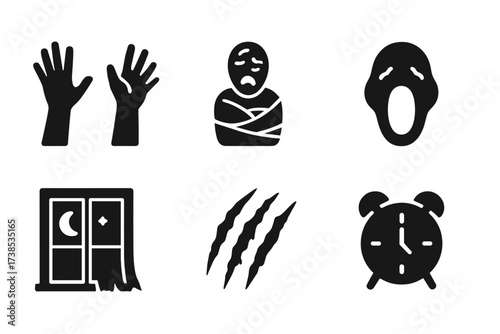 Nightmare Icon Set. Solid, filled icon set of nightmare imagery: dark hands, tangled sheets, distorted face, open mouth scream, moonlight window, claw mark,