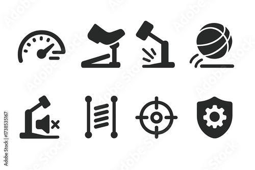 Double Pedal Icons Set. Solid, filled icon set of double pedal sound characteristics: fast response, smooth action, powerful attack, consistent rebound, quiet