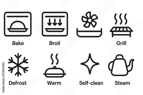 Oven Cooking Icons. Outline icon set of oven cooking modes: bake, broil, convection, grill, defrost, warm, self-clean, steam. Line icons in only black color,