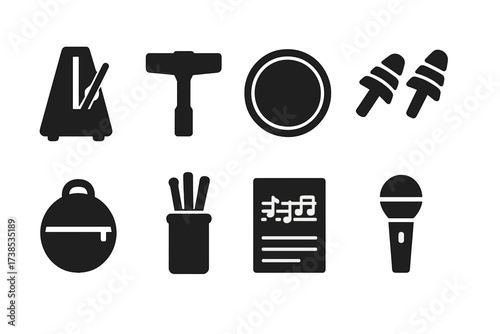 Drummer Accessories Icons. Solid, filled icon set of drummer accessories: metronome, drum key, practice pad, earplugs, drum bag, stick holder, sheet music,