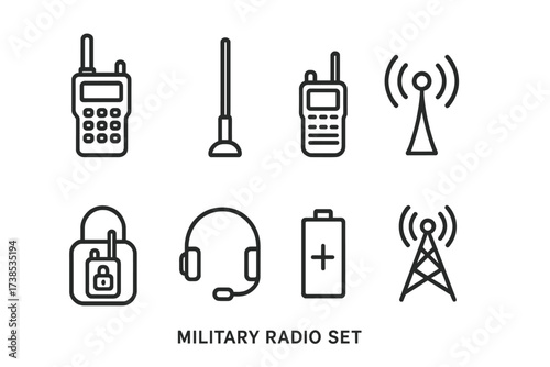 Military Radio Icons. Outline icon set of military radio: handheld radio, antenna, walkie-talkie, signal waves, encryption lock, headset, battery pack, radio