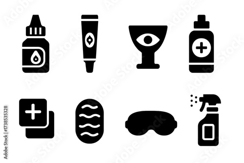Medicated Eye Care Icons. Solid, filled icon set of medicated eye care: medicated eye drops, eye ointment, eye wash cup, contact lens solution, medicated pads,
