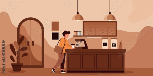 Modern Coffee Shop Illustration: Customer at Cafe Counter