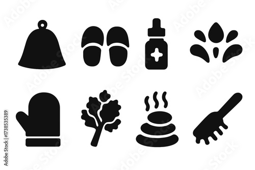Banya Accessory Icons. Solid, filled icon set of banya accessories: felt hat, sauna slippers, essential oil bottle, water splash, sauna mitt, birch twigs, hot