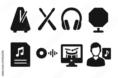 Marching Drum Icons. Solid, filled icon set of marching drum practice and rehearsal: metronome, drumsticks, headphones, practice pad, music sheet, recording
