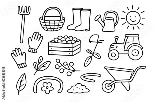 Cranberry Farming Tools. Hand-drawn doodle illustration Cranberry agriculture tools rake, shovel, basket, boots, gloves, watering can, tractor, crate, sun,