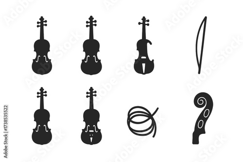 Violin Icons Collection. Solid, filled icon set of violin history and styles: baroque violin, Stradivarius, electric violin, period bow, folk fiddle, modern