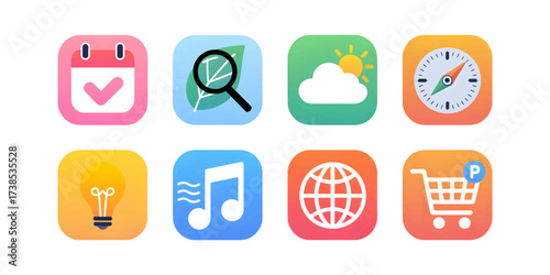 Colorful set of app icons featuring calendar search weather compass lightbulb music globe and shopping cart for use in user interface design and mobile applications development