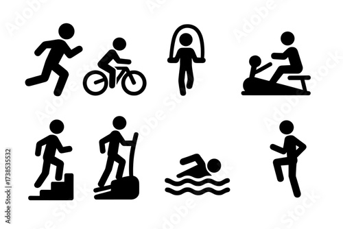 Cardio Exercise Icons. Solid, filled icon set of cardio exercises: running, cycling, jumping rope, rowing, stair climbing, elliptical, swimming, high knees.
