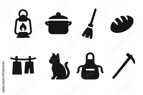 Village Matron Icons. Solid, filled icon set of village matron: lantern, cooking pot, broom, bread loaf, clothesline, cat, apron, garden hoe. [Solid, filled