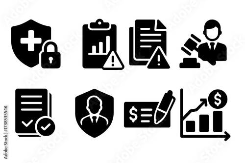 Business Liability Icons. Solid, filled icon set of business liabilities: liability insurance, risk assessment, contract breach, lawsuit, claim form, indemnity