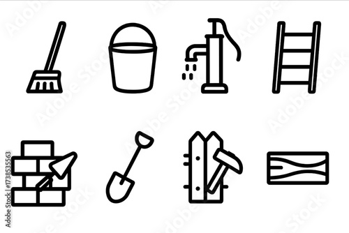 Moat Maintenance Icons. Outline icon set of moat maintenance: broom, bucket, water pump, ladder, stone repair, shovel, fence repair, wooden plank. Line icons