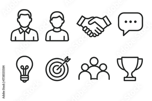 Mentorship Icon Set. Outline icon set of mentorship guidance: mentor, mentee, handshake, advice speech bubble, light bulb, target, teamwork, trophy. Line icons