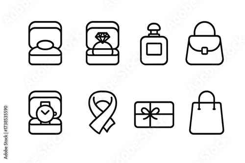 Luxury Gifts Icons. Outline icon set of luxury gifts: jewelry box, diamond ring, perfume bottle, designer handbag, watch box, silk scarf, gift card, luxury