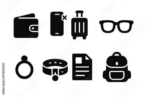 Lost Objects Icons. Solid, filled icon set of lost objects: lost wallet, missing phone, lost luggage, forgotten glasses, dropped ring, lost pet collar, missing