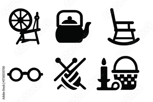 Grandmother's Wisdom Icons. Solid, filled icon set of grandmother wisdom: spinning wheel, kettle, spectacles, rocking chair, knitting needles, candleholder,