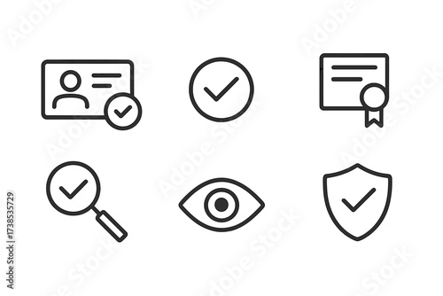 Trust Icons Set. Outline icon set of trust verification: ID card, checkmark, fingerprint, certificate, magnifying glass, eye, shield, handshake. Line icons in
