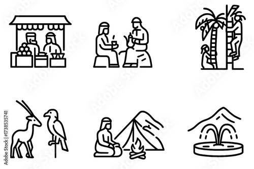 Saudi-Emirati Icon Set. Outline icon set of Saudi daily life: Market souk, Traditional coffee house, Camel caravan, Date harvesting, Falconry, Desert camping,