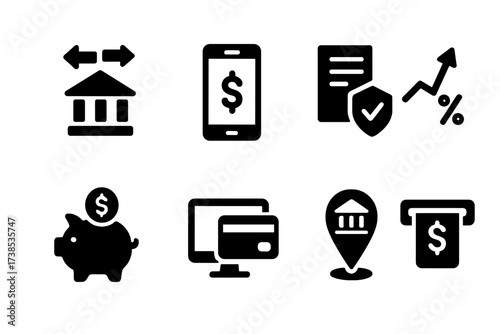 Banking Services Icons. Solid, filled icon set of banking services: wire transfer, mobile banking, loan approval, interest rate chart, savings account, online