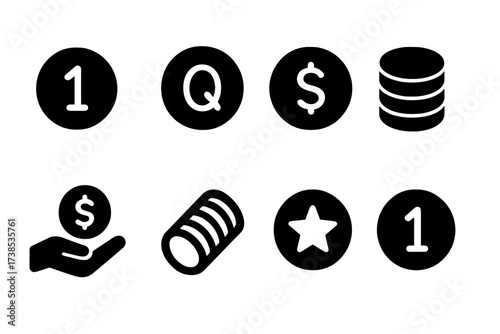 Coin Icon Collection. Solid, filled icon set of coin currency: penny, quarter, dollar coin, coin pile, coin on hand, coin roll, coin with star, coin with