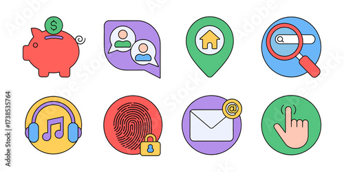 Collection of colorful vector icons representing various functions such as saving money chatting location searching listening to music security email and touch interaction