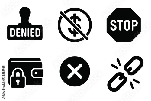 Blocked Transaction Icons. Solid, filled icon set of blocked transaction: denied stamp, crossed dollar, warning triangle, stop sign, locked wallet, cancel