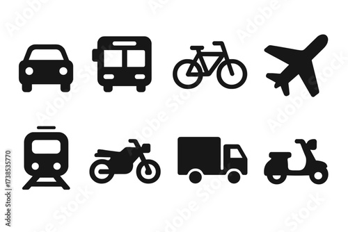Transportation Icons Grid. Solid, filled icon set of transportation vehicles: car, bus, bicycle, airplane, train, motorcycle, truck, scooter. Solid, filled