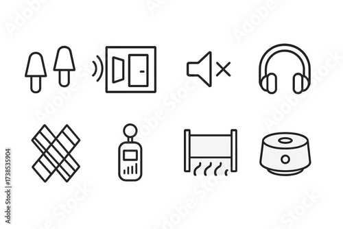 Noise Control Icons. Outline icon set of noise control: earplugs, soundproof room, volume down button, headphones, acoustic panels, noise meter, sound barrier,