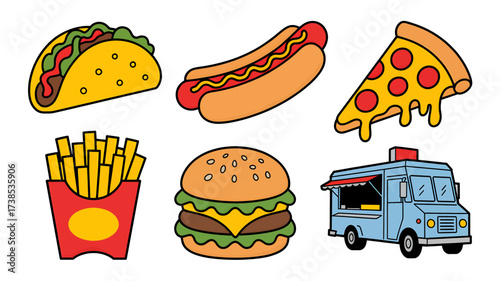 Colorful cartoon illustration of fast food items including a taco hotdog pizza slice french fries hamburger and a food truck perfect for menus and children's books