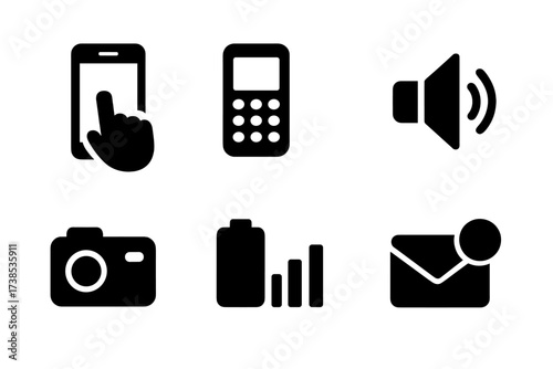Phone Feature Icons. Solid, filled icon set of phone features: touchscreen, keypad, microphone, speaker, camera, battery, signal bars, notification. [Solid,