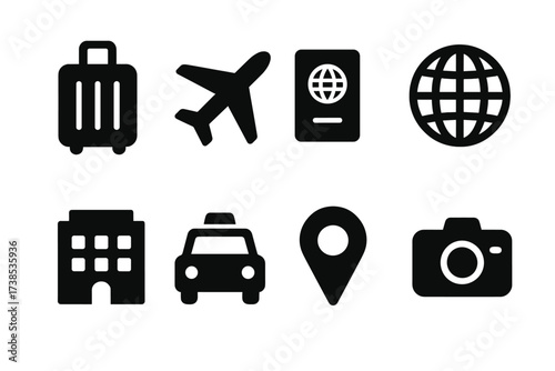 Travel Icon Set. Solid, filled icon set of travel location icons: suitcase, airplane, passport, globe, hotel, taxi, map pin, camera. [Line icons in only black