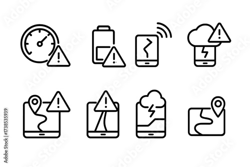 GPS Alert Icons. Outline icon set of GPS alerts: speed alert, low battery, lost signal, arrival notification, route deviation, traffic alert, weather alert,