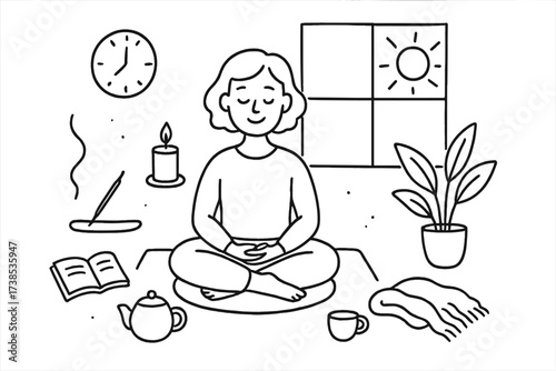 Mindful Meditation Doodle. Hand-drawn doodle illustration A person practicing mindfulness meditation, sitting cross-legged indoors person meditating,