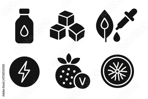 Syrup Health Icons. Solid, filled icon set of syrup health and nutrition: calorie count, sugar cube, natural sweetener, artificial sweetener, energy boost,
