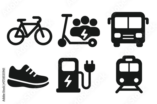 Eco Transport Icons. Solid, filled icon set of eco-friendly transportation: bicycle, electric scooter, carpool, bus, train, walking shoe, car charging station,