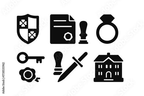 Inheritance Icon Set. Solid, filled icon set of inheritance objects: family crest, will document, treasure chest, ring, old key, seal stamp, historic sword,