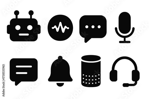 AI Communication Icons. Solid, filled icon set of AI communication: chatbot, voice assistant, speech bubble, microphone, text message, notification bell, smart