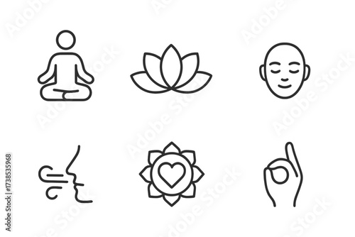 Mindfulness Icon Set. Outline icon set of mindfulness presence: meditation pose, eye closed, lotus flower, calm face, breathing symbol, heart chakra, peaceful