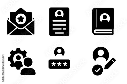 Client Onboarding Icons. Solid, filled icon set of client onboarding: welcome email, registration form, tutorial video, user guide, account setup, password