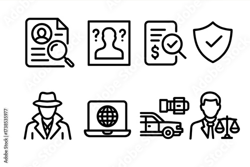 Detective Services Icons. Outline icon set of detective agency services: background check, missing person, fraud detection, security audit, private
