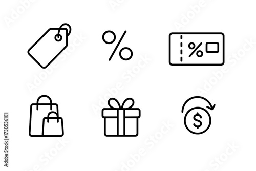 Grocery Discounts Icons. Outline icon set of grocery discounts and offers: sale tag, percentage off, discount coupon, loyalty card, bundle offer, flash sale,