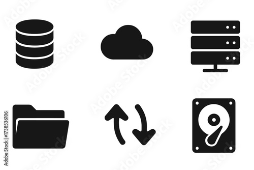 Server Farm Icons. Solid, filled icon set of server farm data management: database, cloud storage, backup tape, RAID array, file folder, data transfer, sync