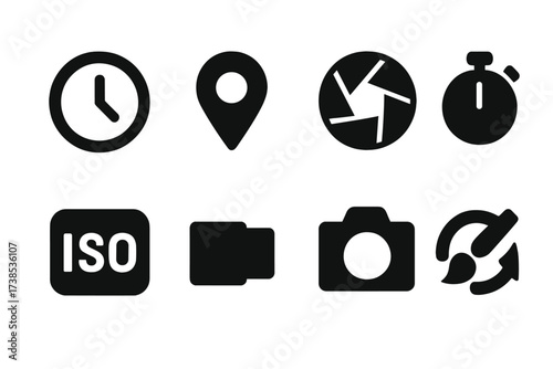 Photo Metadata Icons. Solid, filled icon set of photo metadata: timestamp, geolocation pin, aperture icon, shutter speed, ISO value, focal length, camera