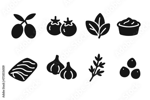 Appetizer Ingredients Icons. Solid, filled icon set of appetizer ingredients: olives, cherry tomatoes, basil leaves, cream cheese, smoked salmon, garlic