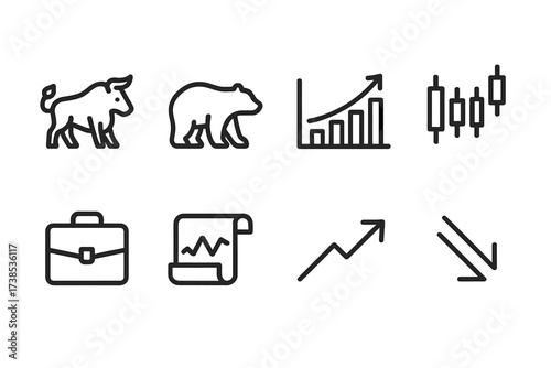 Stock Market Icons. Outline icon set of stock market symbols: bull, bear, stock chart, candlestick graph, portfolio, ticker tape, rising arrow, falling arrow.