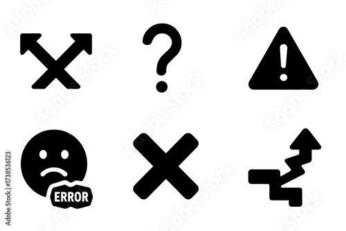Failed Decision Icons. Solid, filled icon set of failed decision making: crossed arrows, question mark, broken checkmark, alert triangle, confused face, error