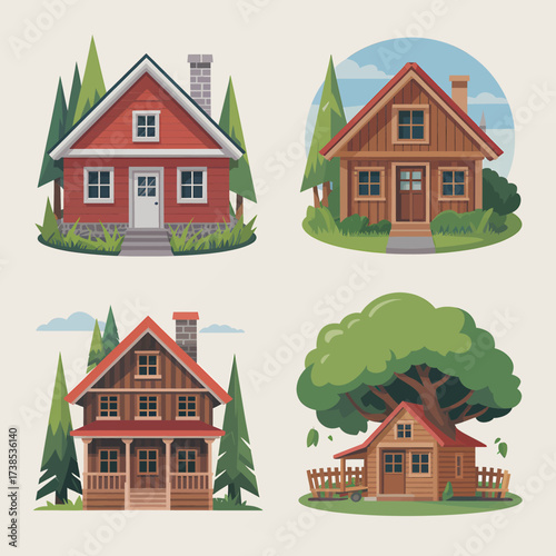 Four charming cartoon houses showcase unique architectural styles and cozy living set against a serene backdrop of stylized trees and gentle skies evoking a sense of home