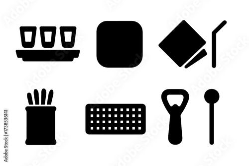 Bar Tool Icons. Solid, filled icon set of shot serving accessories: tray, coaster, napkin, straw, toothpick holder, bar mat, bottle opener, cocktail stirrer.